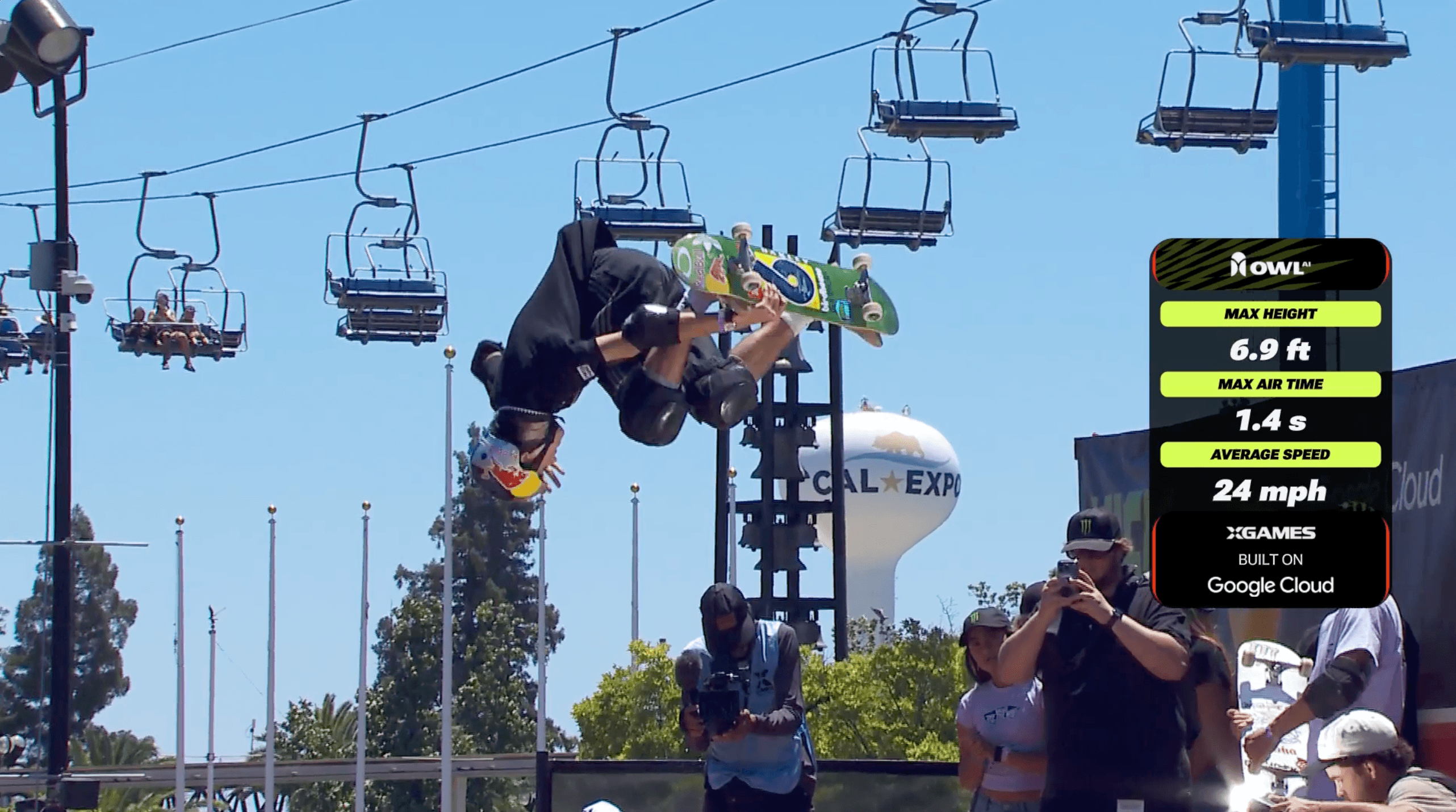 An airborne skateboarder at X Games beside an OWL broadcast graphic showing height, airtime and speed.